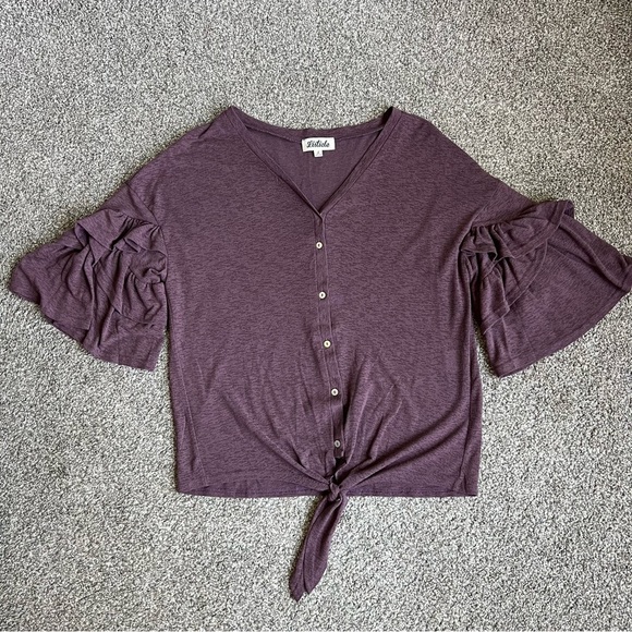 Listicle Plum V-Neck Button Up, Front Tie, Ruffle Bell Sleeve Top, Size Small - Picture 1 of 6